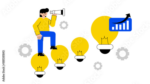 Professional leader character looking through telescope while stepping on light bulbs to reach success and growth