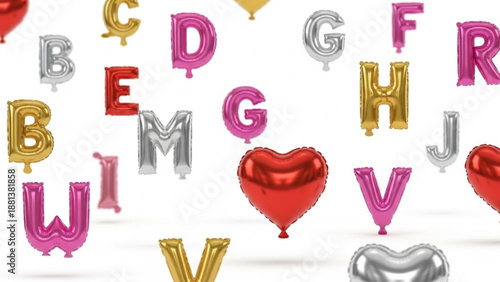 Colorful metallic balloons in various letter shapes and a heart-shaped balloon floating in the air, creating a festive atmosphere, viewed from directly above