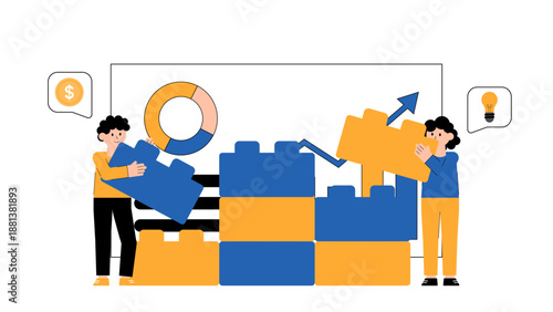 Two employees building a structure with large toy blocks representing team construction and stability