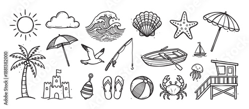 Set of hand-drawn beach and summer vacation icons in a black and white doodle style, including a palm tree, sun, wave, seashell, boat, crab, and lifeguard tower illustrations
