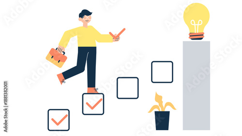 A businessman stepping up on check boxes toward a bright idea light bulb representing goal achievement