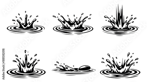 Hand drawn line art water splash set featuring various ripple and droplet effects for beverage and liquid-related designs