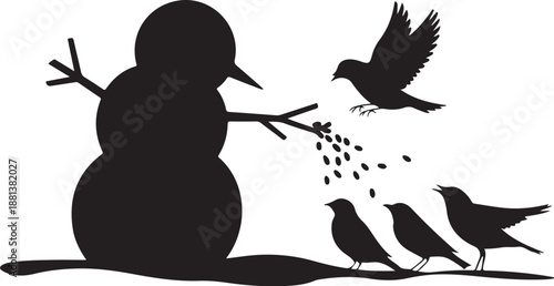 Silhouette of Snowman Feeding Birds with Breadcrumbs