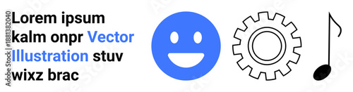 Digital design, online content, technology integration, creative multimedia, branding, user interfaces. happy face, gear and musical note with text. Digital design and online content concepts