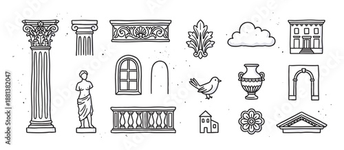 Set of hand-drawn classical antiquity illustrations featuring architectural elements like columns, arches, statues, and vases in a simple black and white doodle style with texture