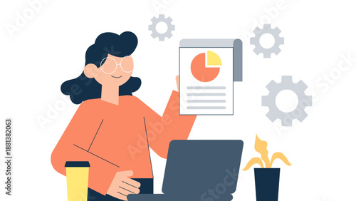 A woman working at her desk with a laptop while holding up a document featuring a pie chart