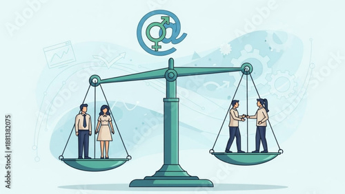A symbolic scale illustration showing balance between a single person and a group of people in a justice scene