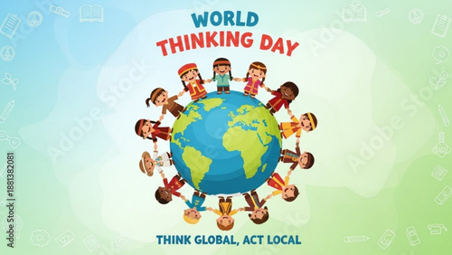 Diverse group of people holding hands around the Earth celebrating World Thinking Day