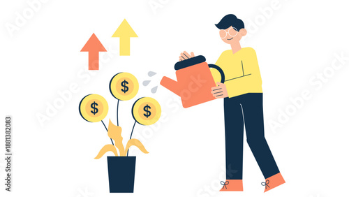 A man watering a plant that grows gold coins with upward arrows signifying financial success