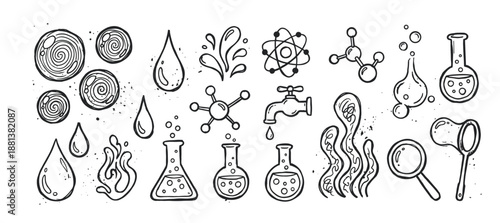Set of hand-drawn science and water icons in a black and white doodle style, featuring laboratory flasks, molecules, atoms, liquid drops, and a magnifying glass for educational concepts