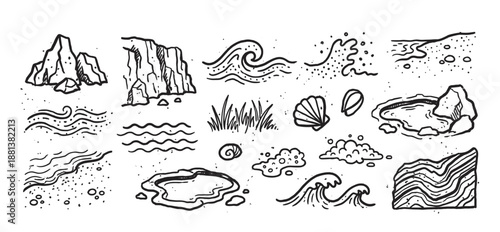 Hand-drawn black and white beach doodle set with various coastal elements like rocks, ocean waves, seashells, and cliffs in a minimalist sketch style illustration