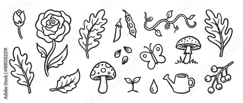 Black and white hand-drawn nature illustration set with a rose, mushrooms, oak leaves, butterfly, watering can, and other cute gardening doodles in a simple sketch style