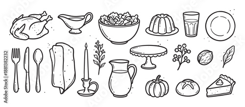 Hand-drawn black and white doodle icons set representing a traditional holiday feast with roasted turkey, pie, salad, pumpkin, and dinnerware elements in a simple sketch style