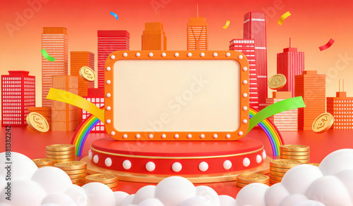 3D Rendered Festive Scene with Blank Marquee Sign, Urban Skyline, Gold Coins, Rainbow and Clouds, Ideal for Promotional, Holiday and Commercial Display Backgrounds