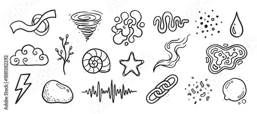 Collection of hand-drawn doodle icons featuring natural elements like a cloud, tornado, star, and water drop in a simple black and white line art cartoon style