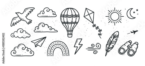 Set of hand-drawn doodle illustrations featuring sky and flight elements like a hot air balloon, bird, clouds, sun, moon, and kite in a charming sketchy black and white style
