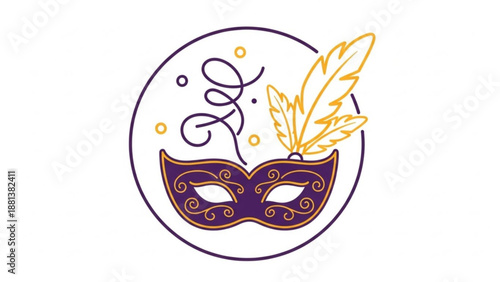 Vibrant Mask and Feather Illustration in Circular Frame Symbolizing Mystery and Celebration