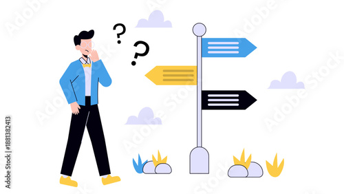 A businessman standing in front of a signpost with multiple arrows and question marks above his head contemplating different directions