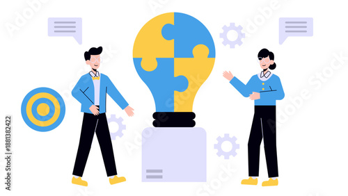 A man and a woman standing next to a giant lightbulb made of puzzle pieces symbolizing collaborative problem solving and innovation