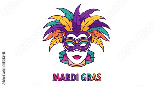 Vibrant Mardi Gras celebration illustration featuring a colorful mask and feathers from a close-up viewpoint