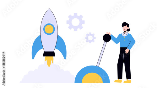 A professional woman standing next to a large lever and gears as a rocket takes off representing a successful business launch