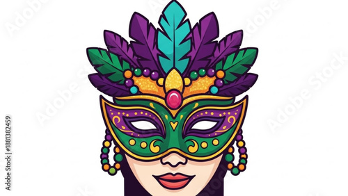 Vibrant masquerade mask illustration featuring feathers and jewels on a woman's face, conveying mystery and allure