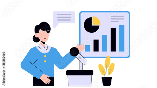 A professional woman standing at a podium and gesturing towards a large presentation board showing various growth charts and data