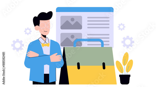 A confident businessman with arms crossed standing in front of a large briefcase and a digital portfolio display showcasing his work