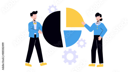 A professional man and woman collaborating to divide a large pie chart representing company shares and equity distribution