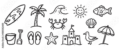 Collection of hand-drawn beach icons including a surfboard, palm tree, crab, and sandcastle in a simple black and white doodle style for summer vacation and travel themes
