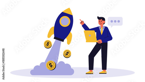 A businessman using a laptop to launch a rocket ship symbolizing a successful business startup fueled by money