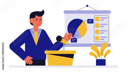 A man standing behind a podium giving a speech and pointing to a whiteboard with charts and data visualizations