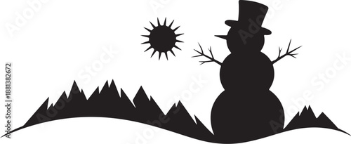 Silhouette of snowman with hat and sun on snowy mountain landscape