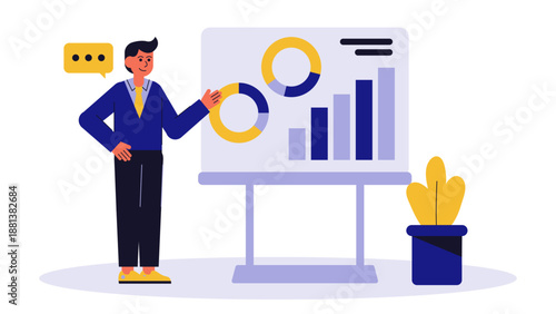 A businessman giving a presentation using a board with various charts and graphs representing business data analysis