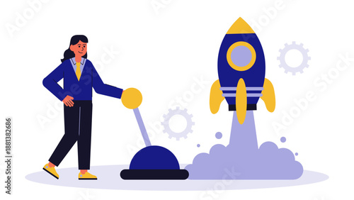 A business woman pulling a lever to launch a rocket representing the start of a new business venture