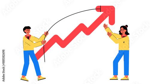 Two business people working together to pull and support a rising red arrow graph indicating collective effort for financial success and performance improvement
