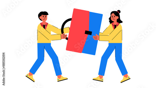 Two business people with angry expressions pulling a briefcase in opposite directions representing a disagreement or legal dispute in a partnership