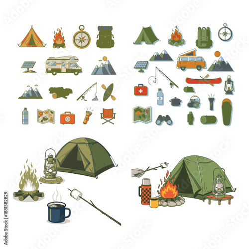 Outdoor Camping Adventure and Marshmallow Roasting Silhouette Illustration Set