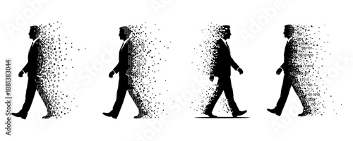 Set Of Walking Businessman Silhouettes Disintegrating Into Digital Pixels And Binary Code Illustration