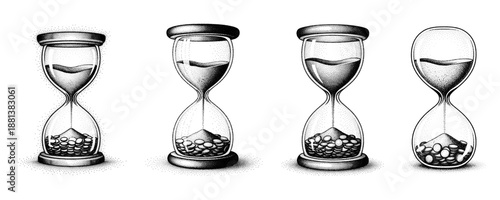 Set Of Vintage Hourglass Illustrations With Coins Falling Instead Of Sand Time Is Money Concept