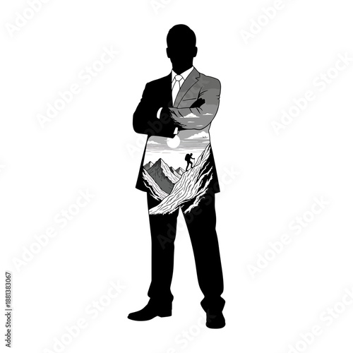 Businessman Double Exposure Silhouette With Mountain Hiker Climbing To Summit Concept Illustration