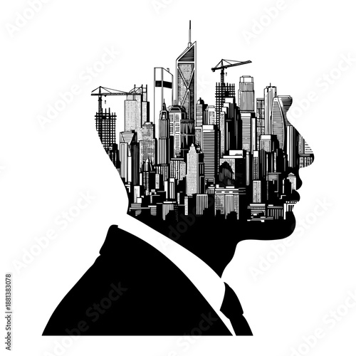 Man Head Profile Silhouette With City Skyline Construction Double Exposure Concept Illustration