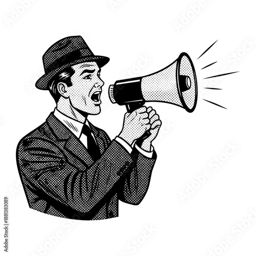 Retro Pop Art Businessman In Hat Shouting Into Megaphone With Halftone Texture Illustration