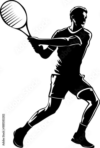 Silhouette Tennis Player Hitting Forehand Shot.