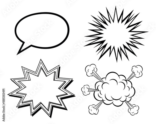 Comic book line art speech and burst effects set featuring an oval talk bubble, various explosion shapes, and an anger cloud for graphic design and communication projects