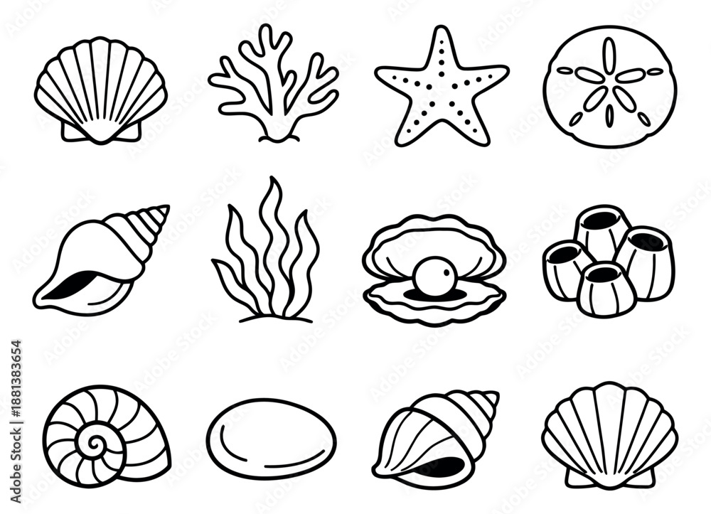 Fototapeta premium Hand drawn line art ocean elements set featuring various seashells, corals, a starfish, and a sand dollar for marine themed designs