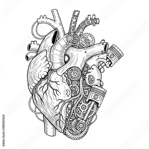 Anatomical Human Heart With Mechanical Gears And Engine Piston Steampunk Style Illustration