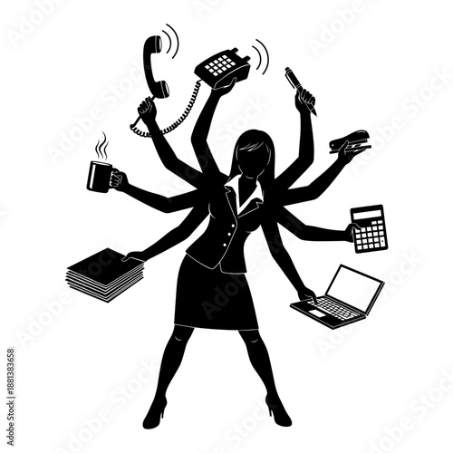 Multitasking Businesswoman Silhouette With Many Arms Holding Office Supplies Efficiency Concept