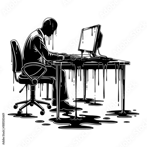 Surreal Melting Businessman Silhouette Working At Desk With Computer Burnout Concept Illustration