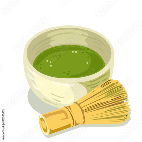Japanese Matcha Green Tea Set with Bamboo Whisk Vector Illustration